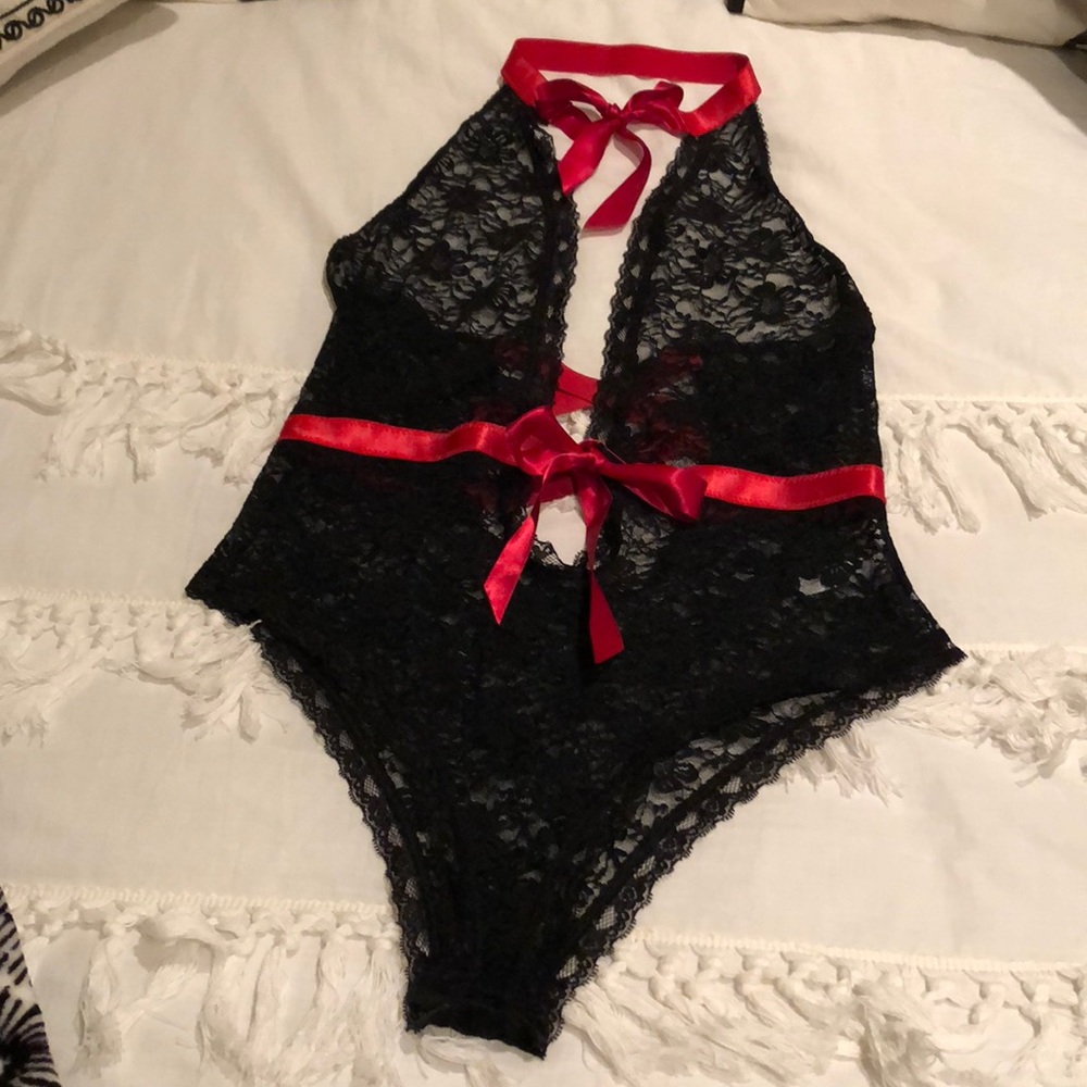 Black Lace Teddy with Red Ribbon details